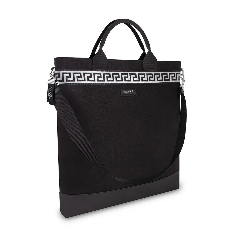 Versace Black Canvas Tote with Greek Key Trim